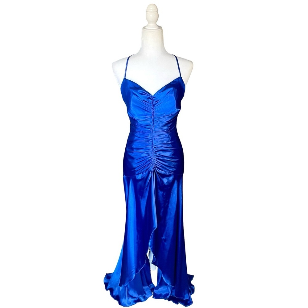 Vintage Jessica McClintock Gunne Sax Blue Satin Lace Up Back Maxi Gown Y2K Prom